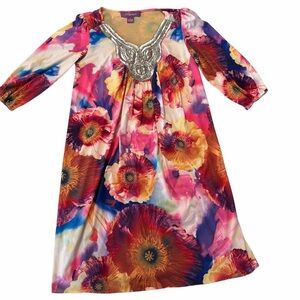 Argenti Floral Dress with Beaded Neckline - Pink, Yellow, Orange, Purple, Blue